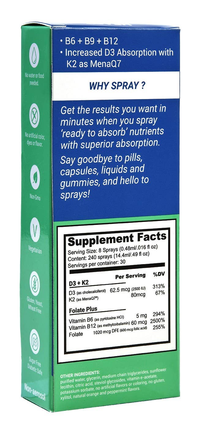 Heart Health Oral Sprays -D3+K2, Folate Plus